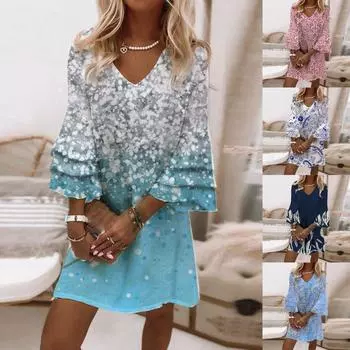 Женское модное темпераментное элегантное мини-платье с v-образным вырезом и рукавами 3/4 со свежим принтом XXXXL розовый