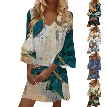 Женское модное темпераментное элегантное мини-платье с v-образным вырезом и рукавами 3/4 со свежим цветочным принтом L