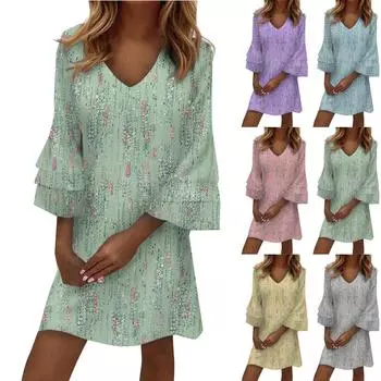 Женское модное темпераментное элегантное платье с v-образным вырезом и рукавами 3/4 со свежим принтом L синий