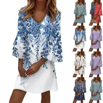 Женское модное темпераментное элегантное платье с v-образным вырезом и рукавами 3/4 со свежим принтом L синий