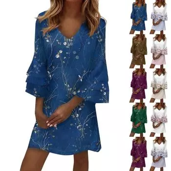 Женское модное темпераментное элегантное платье с v-образным вырезом и рукавами 3/4 со свежим принтом L синий