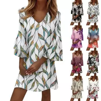 Женское модное темпераментное элегантное платье с v-образным вырезом и рукавами 3/4 со свежим принтом S
