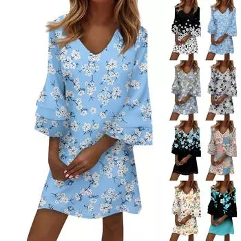 Женское модное темпераментное элегантное платье с v-образным вырезом и рукавами 3/4 со свежим принтом L