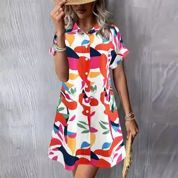 Женское модное темпераментное летнее платье-рубашка с короткими рукавами и принтом на пуговицах M белый