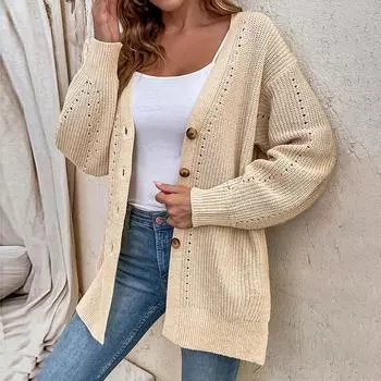 Женское модное темпераментное однотонное трикотажное пальто с полыми пуговицами и разрезом S хаки