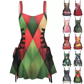 Женское модное темпераментное печатное сексуальное винтажное короткое платье с бретельками M тёмно-синий