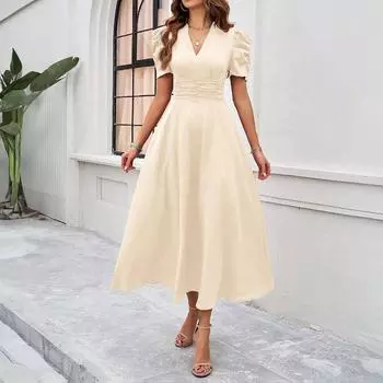 Женское модное темпераментное платье с высокой талией и короткими рукавами L бежевый