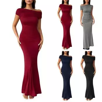 Женское модное темпераментное платье с высокой талией и короткими рукавами M тёмно-синий