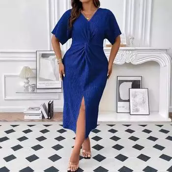 Женское модное темпераментное плиссированное элегантное платье больших размеров с V-образным вырезом L синий