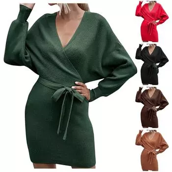 Женское модное темпераментное повседневное сексуальное трикотажное платье с v-образным вырезом и длинными рукавами S чёрный