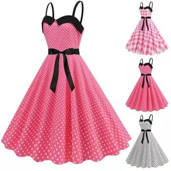 Женское модное темпераментное ретро-платье в горошек со шнуровкой на спине с открытым воротом, пышное повседневное платье для выступлений L горячий розовый