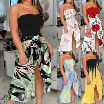 Женское модное темпераментное сексуальное плиссированное платье без бретелек с принтом и разрезом, повседневное платье XL зелёный