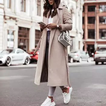 Женское модное теплое зимнее однотонное шерстяное пальто с длинными рукавами и v-образным вырезом S белый