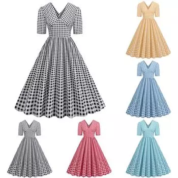 Женское модное тонкое платье макси с v-образным вырезом и коротким рукавом в винтажную клетку M