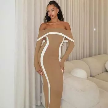 Женское модное трикотажное длинное платье с запахом и бедрами, сексуальное облегающее платье в тон S коричневый