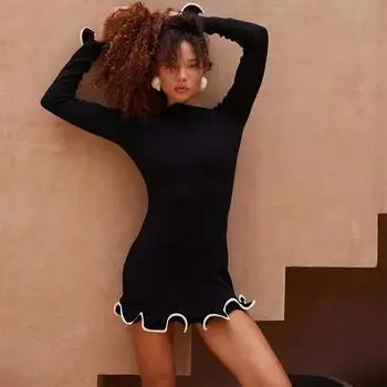 Женское модное трикотажное волнистое платье с длинным рукавом и круглым вырезом, осенние новые мини-платья, тонкие элегантные женские черные платья для вечеринок и клубов S розовый
