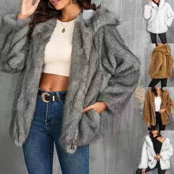 Женское модное удобное полупальто с капюшоном из искусственного меха, теплое плюшевое пальто M белый