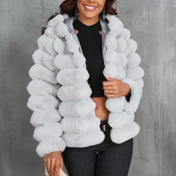 Женское модное удобное полупальто с капюшоном из искусственного меха, теплое плюшевое пальто S серый