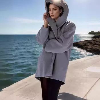 Женское модное универсальное осенне-зимнее пальто, разноцветное свободное шерстяное пальто с круглым вырезом и капюшоном S