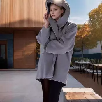 Женское модное универсальное осенне-зимнее среднее и длинное разноцветное пальто свободного покроя с капюшоном S