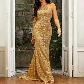 Женское модное вечернее платье с V-образным вырезом, блестками на талии и открытыми плечами, с небольшим шлейфом S золотой