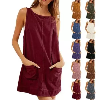 Женское модное вельветовое однотонное платье-сарафан с круглым вырезом и карманами S винный