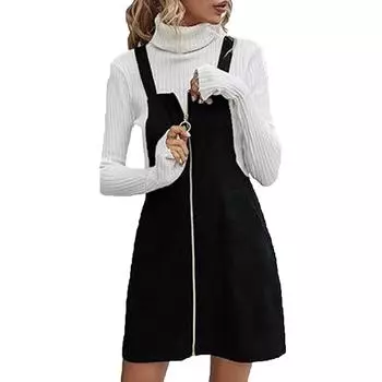 Женское модное вельветовое однотонное всесезонное повседневное платье без рукавов с карманом на молнии L чёрный