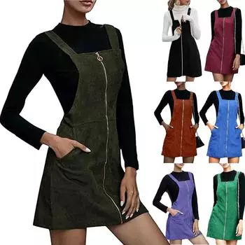 Женское модное вельветовое однотонное всесезонное повседневное платье без рукавов с карманом на молнии L чёрный