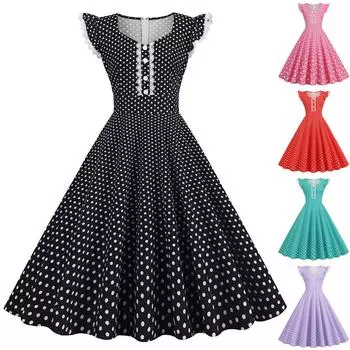 Женское модное винтажное платье макси с кружевными рукавами и принтом в горошек L чёрный