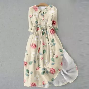 Женское модное винтажное платье с цветочным принтом и пуговицами с лацканами и рукавами три четверти на бретельках L бежевый
