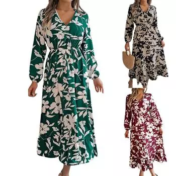 Женское модное винтажное платье с цветочным принтом и рюшами на талии и V-образным вырезом, платье с длинными рукавами XL зелёный