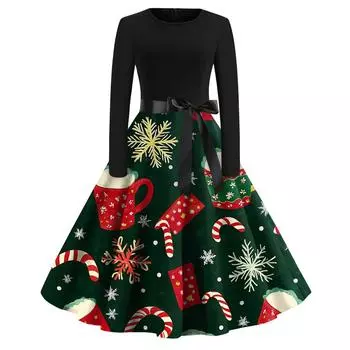 Женское модное винтажное платье с длинным рукавом и круглым вырезом с рождественским принтом XXXL