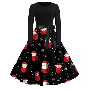 Женское модное винтажное платье с длинным рукавом и круглым вырезом с рождественским принтом L чёрный