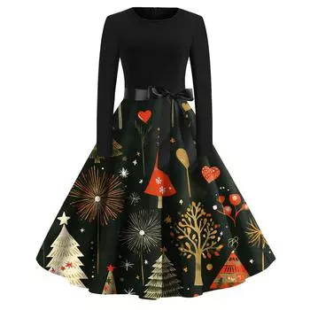 Женское модное винтажное платье с длинным рукавом и круглым вырезом с рождественским принтом L темно-зеленого