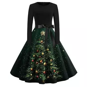 Женское модное винтажное платье с длинным рукавом и круглым вырезом с рождественским принтом L армия зеленый