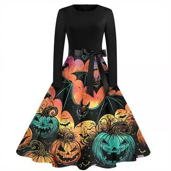 Женское модное винтажное платье с длинным рукавом и круглым вырезом с принтом на Хэллоуин для вечеринки L шафрановый