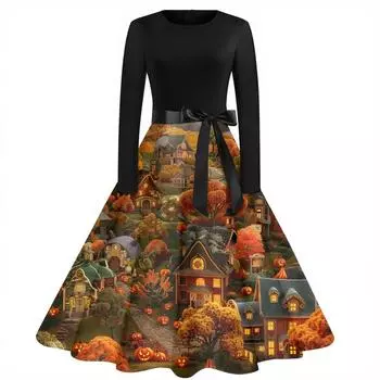 Женское модное винтажное платье с длинным рукавом и круглым вырезом с принтом на Хэллоуин для вечеринки S