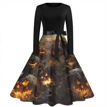 Женское модное винтажное платье с длинным рукавом и круглым вырезом с принтом на Хэллоуин для вечеринки XL