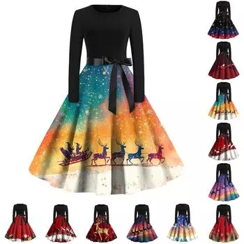 Женское модное винтажное платье с длинным рукавом и круглым вырезом с рождественским принтом XXXL синий