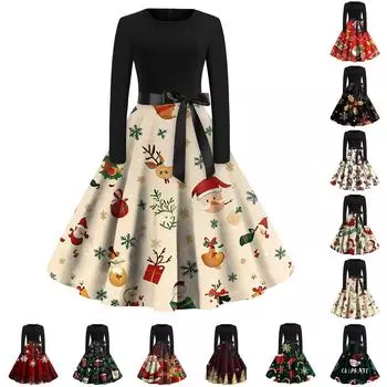 Женское модное винтажное платье с длинным рукавом и круглым вырезом с рождественским принтом XXXXL бежевый