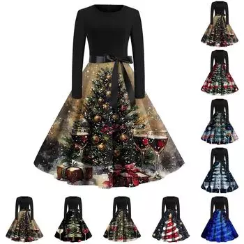 Женское модное винтажное платье с длинным рукавом и круглым вырезом с рождественским принтом XXXXXL