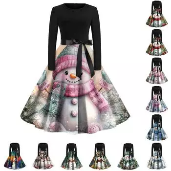 Женское модное винтажное платье с длинным рукавом и круглым вырезом с рождественским принтом L синий