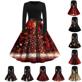 Женское модное винтажное платье с длинным рукавом и круглым вырезом с рождественским принтом L чёрный