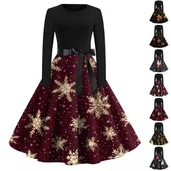 Женское модное винтажное платье с длинным рукавом и круглым вырезом с рождественским принтом XXXL