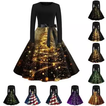 Женское модное винтажное платье с длинным рукавом и круглым вырезом с рождественским принтом XXL