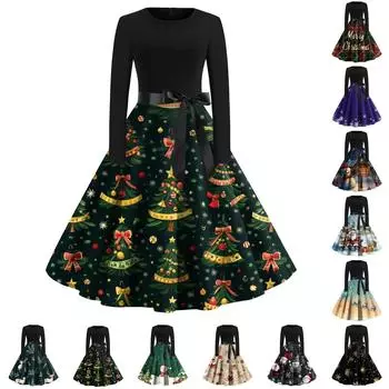 Женское модное винтажное платье с длинным рукавом и круглым вырезом с рождественским принтом L циан