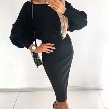 Женское модное вязаное однотонное платье с длинными рукавами и открытыми плечами XXL чёрный