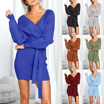 Женское модное вязаное платье-свитер с длинным рукавом и v-образным вырезом, сексуальное теплое платье-свитер с запахом бедер XL синий