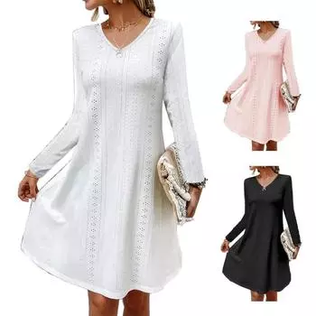 Женское модное жаккардовое платье с v-образным вырезом и длинными рукавами S белый