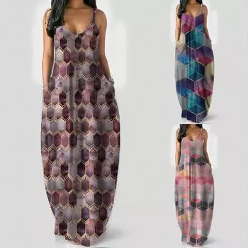 Женское модное женское длинное платье с многоугольным принтом больших размеров и глубоким V-образным вырезом L синий